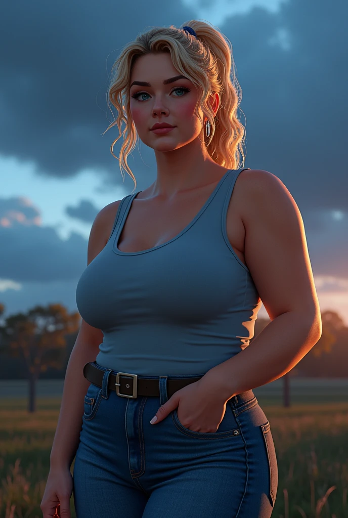 High resolution illustrations, unrivaled masterpiece, ultra-realistic 8k CG, perfect artwork, (fidelity: 1.5), farm, ranch, ((night)), cloudy, ((mature woman)), (((solo))), wet hair, blond hair, curly hair, single ponytail, blue eyes, huge , big ass, natural makeup, ((Casual wear, jeans)), character in the middle, standing,