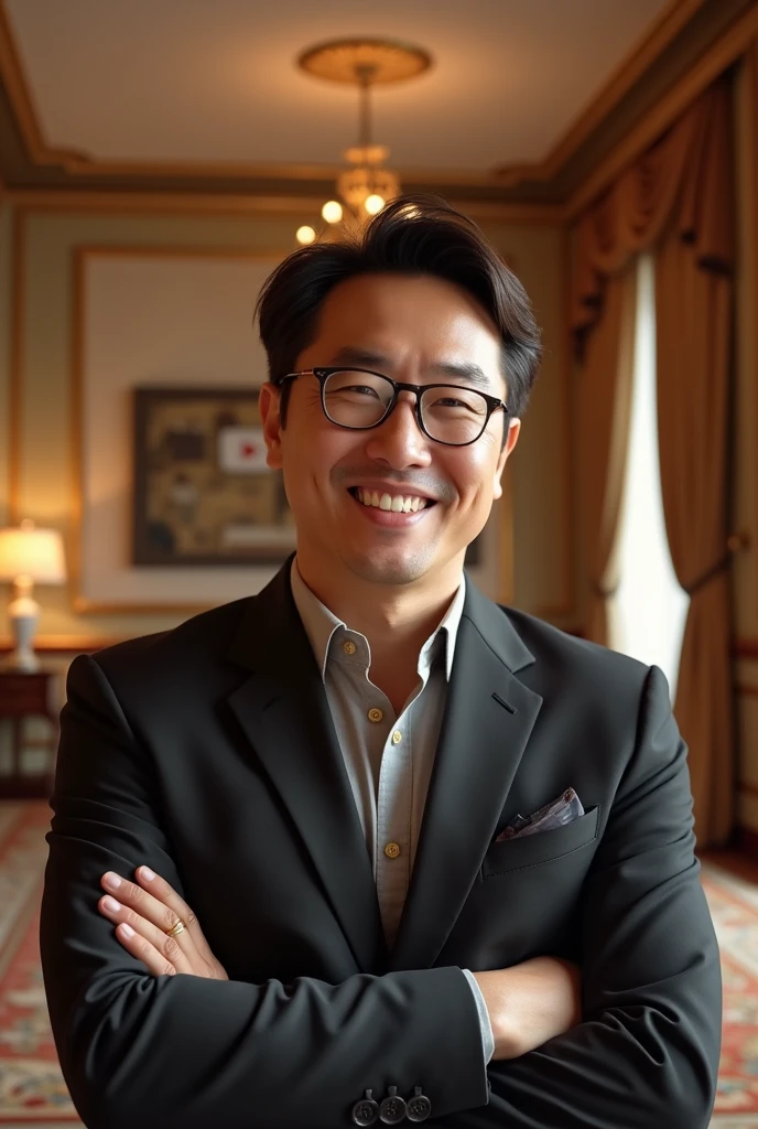 ((Highest quality)), ((masterpiece)), (detailed), One man,Brown Hair,round face,youtuber,Japanese,Glasses,mash,middle aged,smile,YouTube mark on background,Living in the most luxurious mansion in the world,