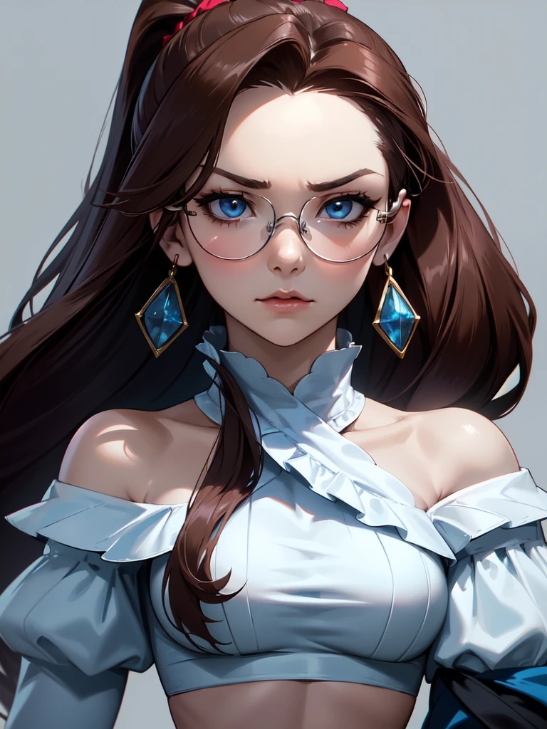 (((Portrait Photo))), She has the Appearance of a Regal and Elegant Teenager, with a Strong, Muscular Build that Commands Respect. She has Long, Straight Brown Hair Tied in a High, Oversized Ponytail, Keeping it Neat and Out of Her Face. Her Light Blue Eyes are Filled with Stormy Determination and a Hint of Fury, Giving Her a Fierce and Powerful Demeanor. Her Expression is Stern and Resolute, with a Tense Jaw and Piercing Gaze, Conveying a Sense of Heavenly Pride. (((Portrait Photo))),(((Dark Background))), (((Clear Glasses))), (((White, Off-the-Shoulder Blouse that Casually Reveals a Hint of Her Midriff))), (((Bare Forehead)))