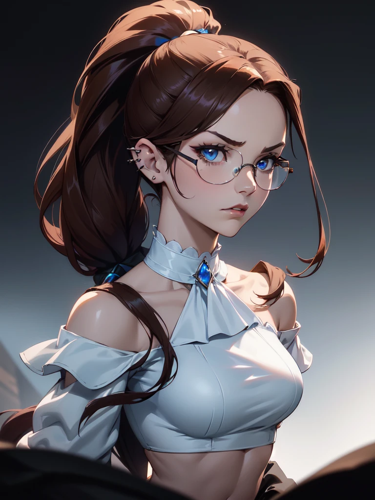 glasses, choker, dark, rim lighting, two tone lighting, dimly lit, low key, seductive look