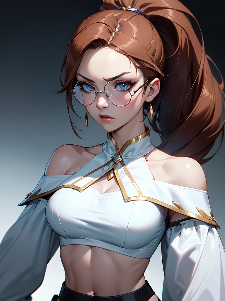 (((Portrait Photo))), She has the Appearance of a Regal and Elegant Teenager, with a Strong, Muscular Build that Commands Respect. She has Long, Straight Brown Hair Tied in a High, Oversized Ponytail, Keeping it Neat and Out of Her Face. Her Light Blue Eyes are Filled with Stormy Determination and a Hint of Fury, Giving Her a Fierce and Powerful Demeanor. Her Expression is Stern and Resolute, with a Tense Jaw and Piercing Gaze, Conveying a Sense of Heavenly Pride. (((Portrait Photo))),(((Dark Background))), (((Clear Glasses))), (((White, Off-the-Shoulder Blouse that Casually Reveals a Hint of Her Midriff))), (((Bare Forehead)))