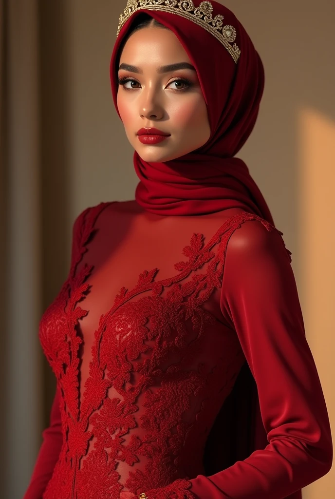 High quality masterpieces, a woman wearing a minimalist red lace hijab, a minimalist red lace wedding dress, a minimalist real gold crown, posing with a gorgeous expression, (best quality,4k,8k,highres,masterpiece:1.2),ultra-detailed,(realistic,photorealistic,photo-realistic:1.37),highly detailed face, beautiful detailed eyes, beautiful detailed lips, extremely detailed eyes and face, long eyelashes, intricate details, tight dress, large breasts, minimalist design, elegant, romantic, soft lighting, warm color tones .