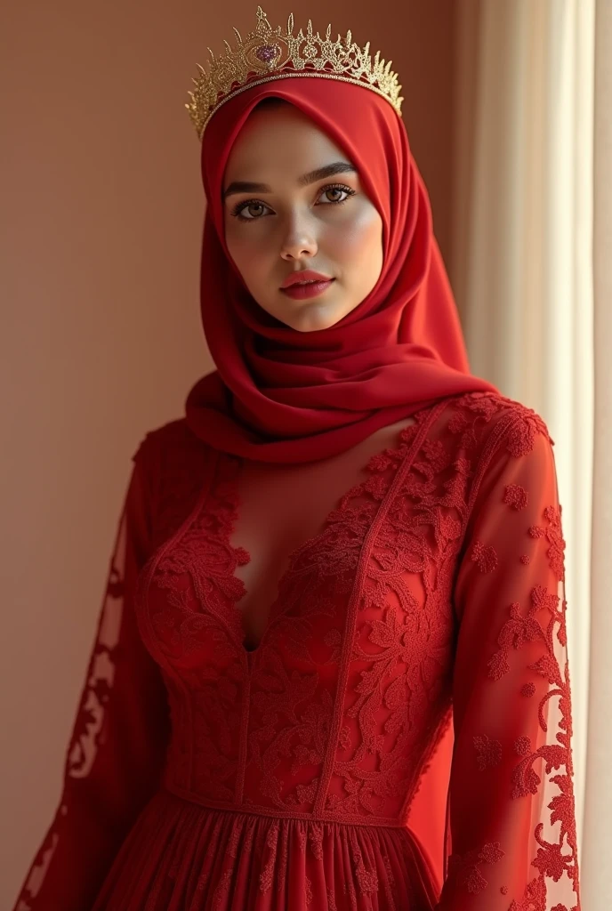 High quality masterpieces, a woman wearing a minimalist red lace hijab, a minimalist red lace wedding dress, a minimalist real gold crown, posing with a gorgeous expression, (best quality,4k,8k,highres,masterpiece:1.2),ultra-detailed,(realistic,photorealistic,photo-realistic:1.37),highly detailed face, beautiful detailed eyes, beautiful detailed lips, extremely detailed eyes and face, long eyelashes, intricate details, tight dress, large breasts, minimalist design, elegant, romantic, soft lighting, warm color tones  . 