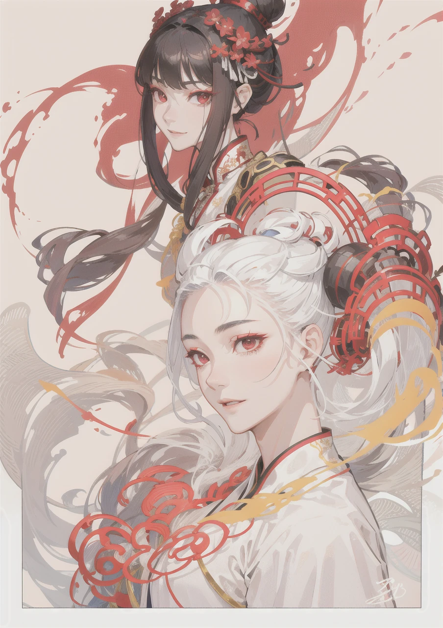 one person, Ancient Chinese youth, dark gray hanfu with patterns, burgundy belt, no mustache or beard, clear face, Asian appearance, red eyes, long curly maroon hair, grin, (highly detailed handsome face and eyes) perfect anatomy, dinamic pose