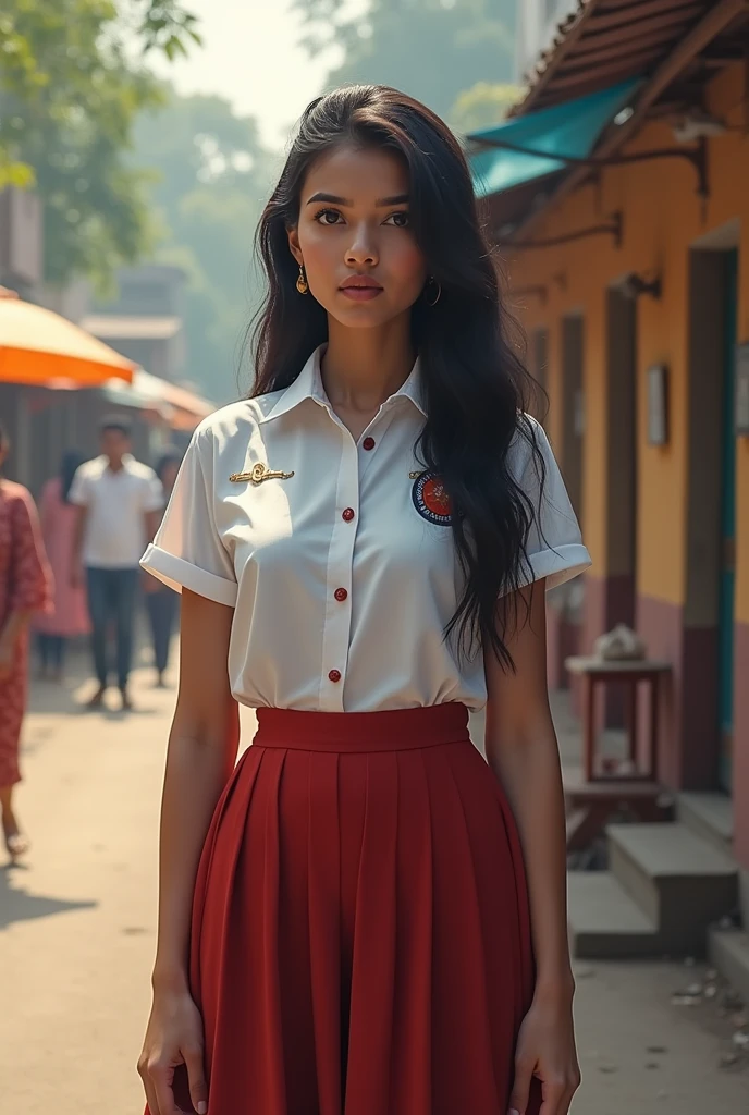 Beautiful White Indian girl in indian school uniform, realistic photo, large breasts , standing and looking back, indian street, detailed hands and face and eyes, looking away, full body, full body shot, 16k UHD