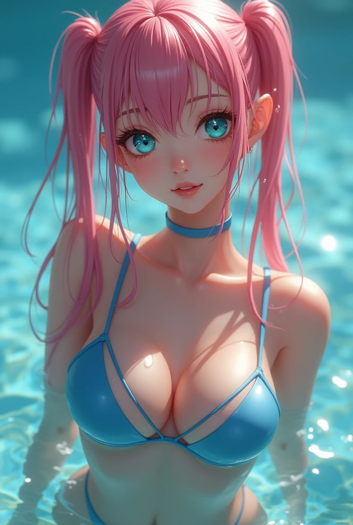 a close up of a person in a bikini posing in a pool, , seductive cute girl, belle delphine,, pink twintail hair and cyan eyes, swimsuit, ,, wearing two - piece swimsuit, is wearing a swimsuit, blue bikini, monokini realistic beaytiful girl realistic girl, girl big breast