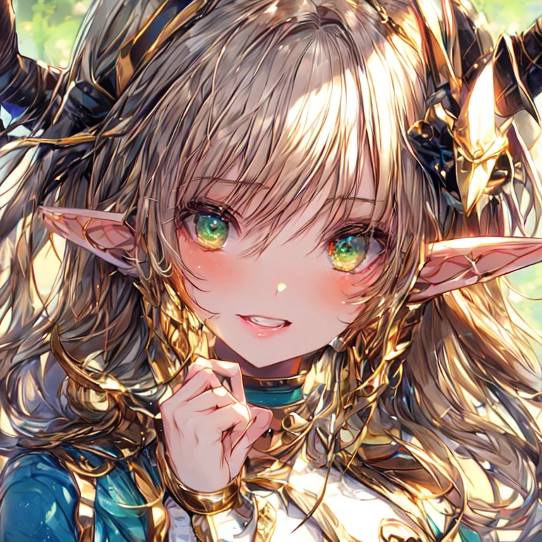 Beautiful elf lolka with two small horns, long golden hair, and green eyes, medium breasted, and UHD staff, textured skin, super detail, high details, high quality,
