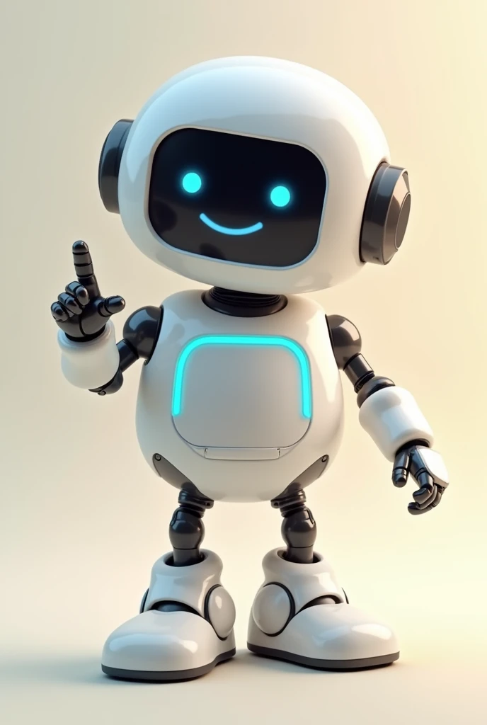 A friendly robot with a digital screen for a face, smiley face, displaying an enthusiastic expression. The robot points his hands fingers to left. The background is blank.