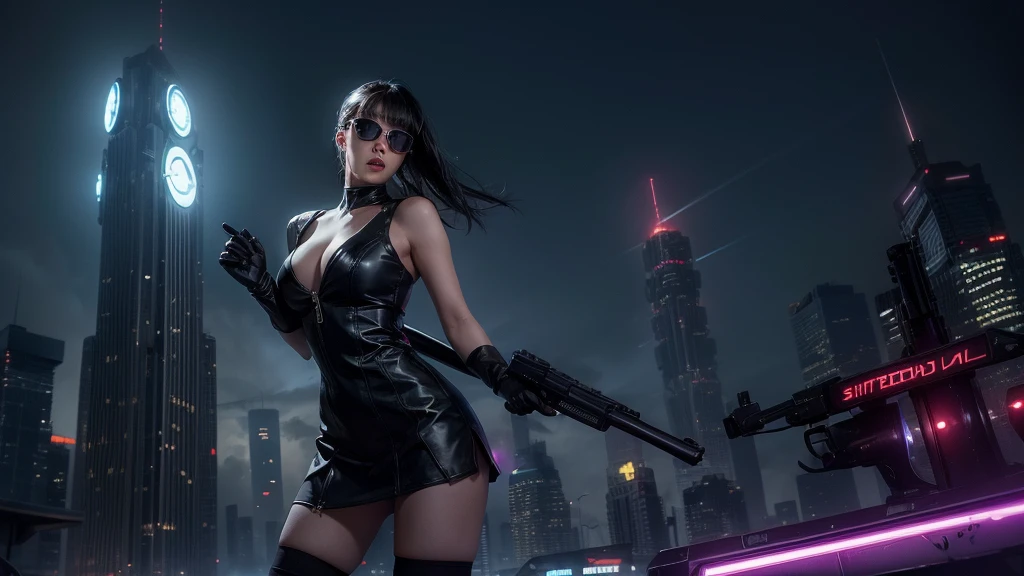 (Wide angle view). Blade Runner style futuristic city, simple outlined neon tall buildings, glowing giant clock tower, flying cars, helicopter, lightning, 3D rendering Beeple. At night, (1girl, solo, alone), photorealistic, medium-breast slim:0.6 body, oval:0.5 face, cleavage:1.1, sexy black laced bra, glove, deep-V, (very low angle view of miniskirt), white laced panty, coat, (Matrix style black micro sunglasses), ((aiming viewer with a short gun)), (running pose), (half-body thigh level close-up shot), cinematic lighting, ray tracing.
