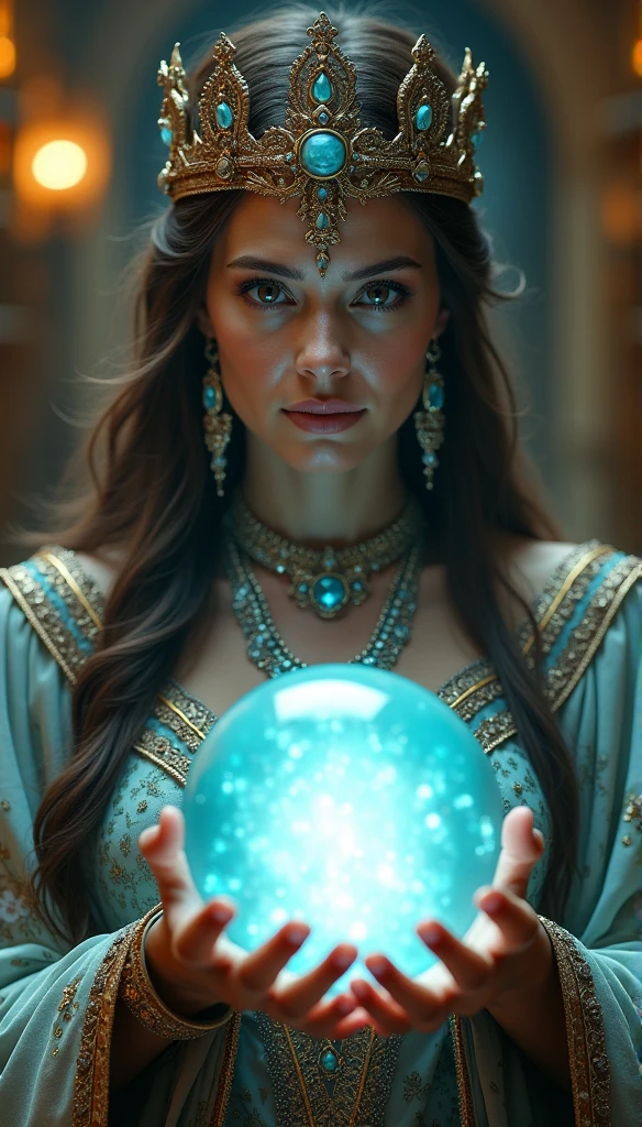 norse goddess,Looking forward close-up wearing a crown, Holding a magic crystal ball,Wearing gorgeous jewelry and gorgeous clothes, casting spells, best quality, 4K resolution, Flawless face, in a luxurious palace, Superrealisticart)