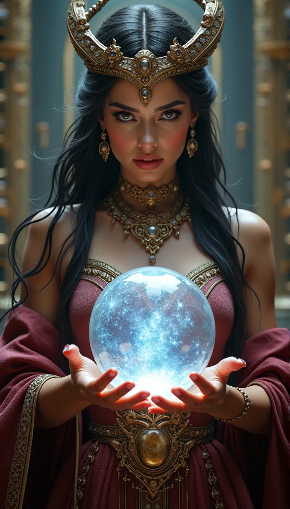 norse goddess,Looking forward close-up wearing a crown, Holding a magic crystal ball,Wearing gorgeous jewelry and gorgeous clothes, casting spells, best quality, 4K resolution, Flawless face, in a luxurious palace, Superrealisticart)