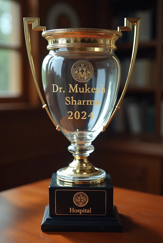A trofee with hospital logo and on trofee name Dr. MUKESH SHARMA  2024