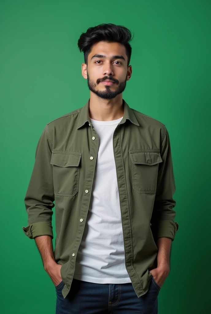 A 20 years old boy with Little beared image to  his stomach. Wearing modern outfit. Image must be realistic. Background in in green screen. Stand in straight position and whole face is clearly visible. Hair and beard is in black color.