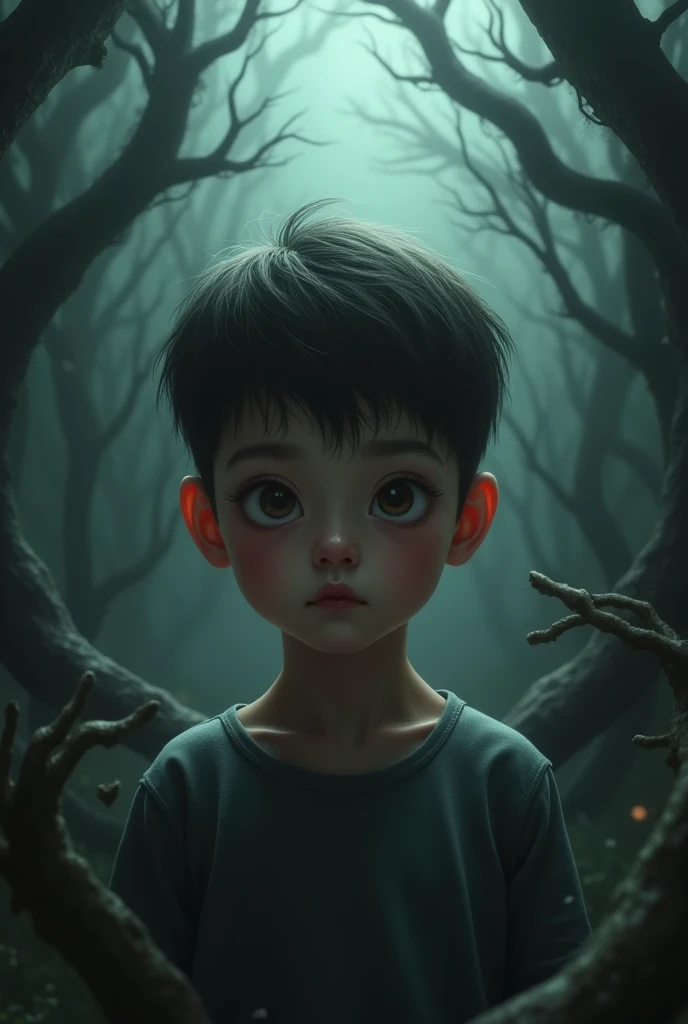 Normal face young boy with horror background