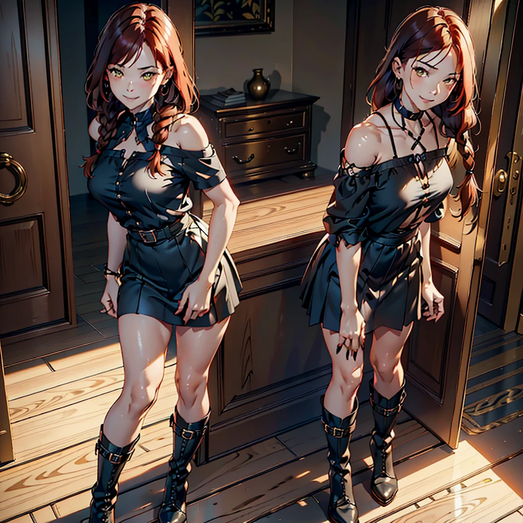 women, Natural redhead with 2 braids, honey yellow eyes, long black nails, chest a little big, mischievous smile, sinister smile, short black skirt, black off shoulder blouse, black shoes with boots, Whole body, standing at the entrance of a house leaning forward at the entrance of a door.