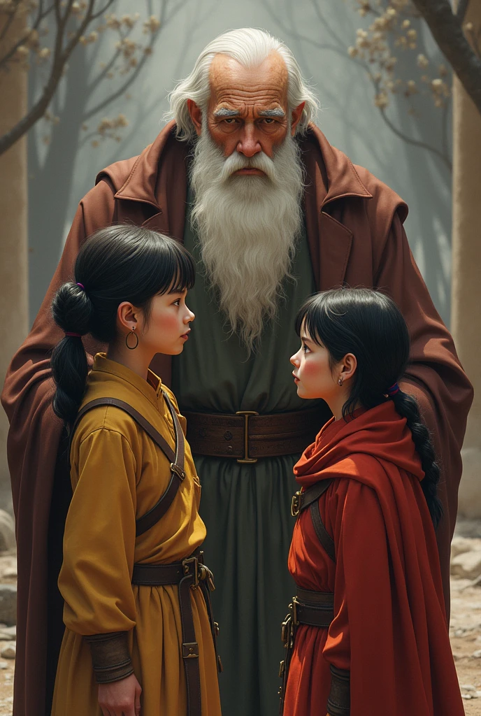 Two brave people's girl and boy stand front the old man