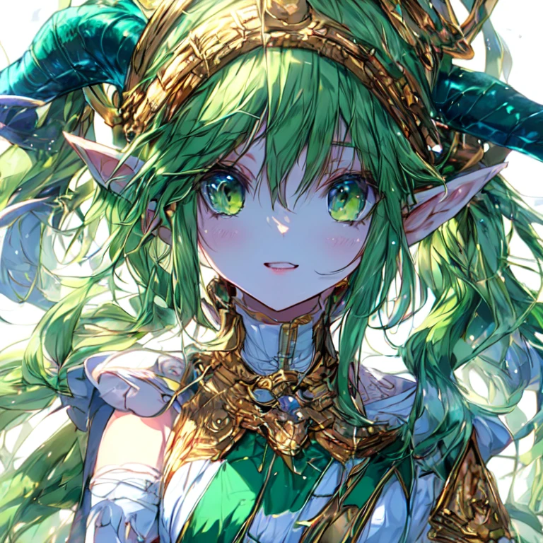 Beautiful elf lolka with two small horns, long golden hair, and green eyes, medium breasted, and UHD staff, textured skin, super detail, high details, high quality,
