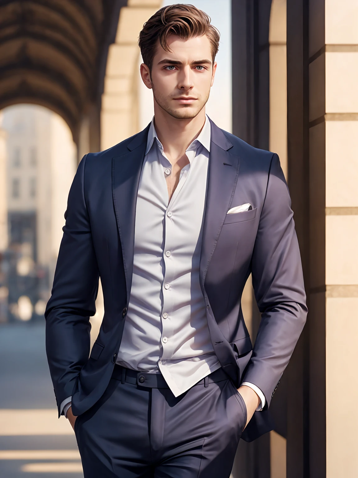 a Curvy European man male, standing, wearing a business suit, relaxed, natural skin, detailed skin, (freckles:0.2), (pores:0.2), hdr, sharp focus, (diffuse light:1.3), (soft light:1.5), global illumination,