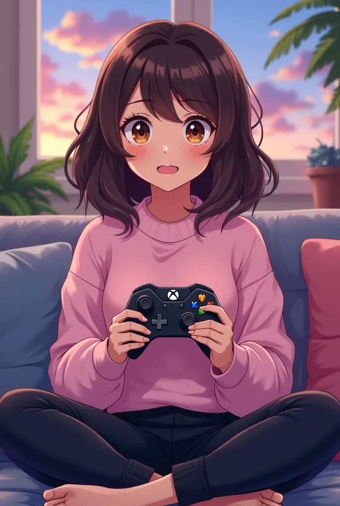 Anime gamer girl with: brown wavy hair, brown eyes, métis skin, a pink pastel sweat-shirt and a black trousers she is in her gamer room and she have game controllers of a Xbox in his and 