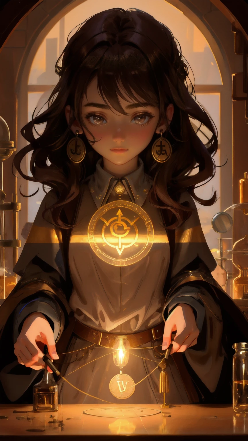 determined young woman, dressed as an alchemist, carefully mixing glowing liquids in a rustic, brown-toned laboratory filled with arcane symbols and scattered altcoin coins. The background is a rich brown, giving a warm, mystical ambiance as she performs 'Altcoin Alchemy,' with golden light reflecting off the altcoins floating around her. The air is thick with the aura of ancient magic and modern technology blending together in her enchanting workspace.