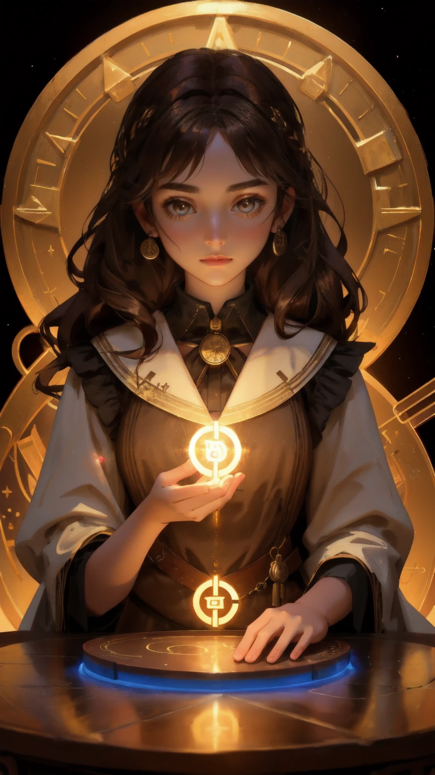 determined young woman, dressed as an alchemist, carefully mixing glowing liquids in a rustic, brown-toned laboratory filled with arcane symbols and scattered altcoin coins. The background is a rich brown, giving a warm, mystical ambiance as she performs 'Altcoin Alchemy,' with golden light reflecting off the altcoins floating around her. The air is thick with the aura of ancient magic and modern technology blending together in her enchanting workspace.