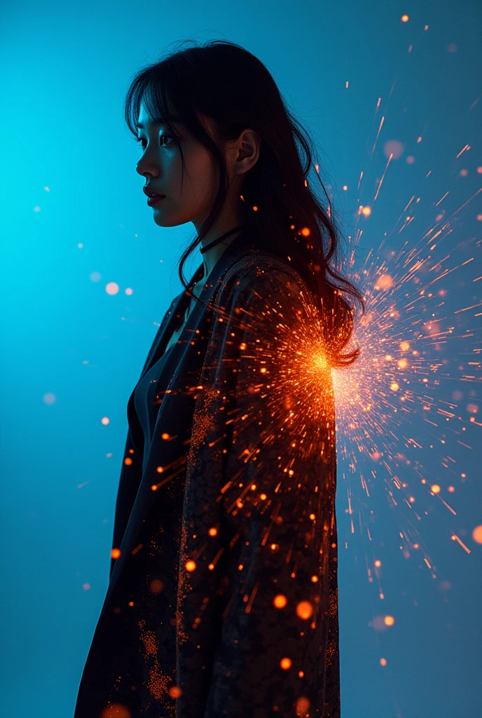 ashion editorial photography, medium shot of a japanese model,Blue background,Orange contrast,Tech patterns, Dynamic silhouette, Virtual devices, Light effects and particles, Futuristic typography, Dynamic movement,Abstract geometry