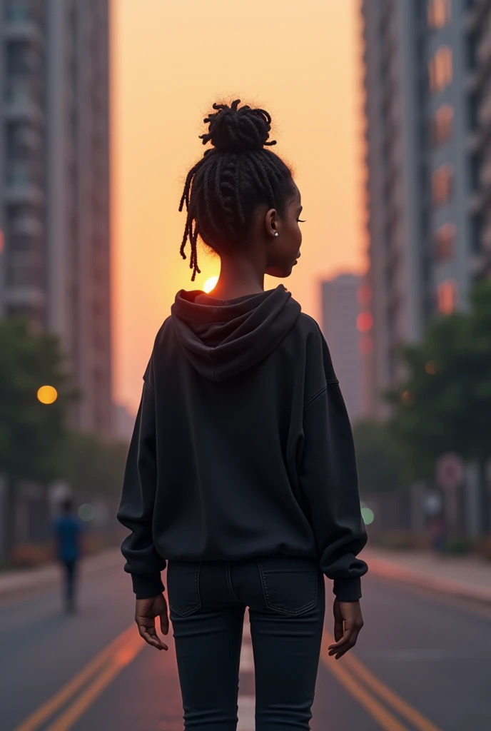 The back view of a sub-saharan girl, 1.5 meters tall, with her natural hair plaited in twists and tied in one messy bun. She is dressed in a black hoodie, black jeans and black Snickers. Her hands are in her pockets. She's standing by the roadside looking up at a tall building opposite her. The building is tainted at it's top by the rays of a setting but not visible sun in the background. It is dusk. She looks sad but hopeful.