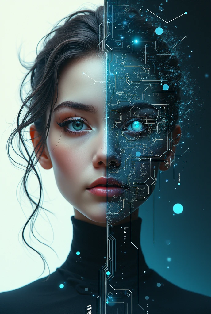 detailed plain book cover, The cover features a split image of an android face, with one side showing her authentic self and the other side showcasing her digital persona. The two sides are connected by a tangled web of binary code, symbolizing the struggle between her authentic identity and the influence of technology. The background is a mix of serene and chaotic elements, representing the contrasting emotions Ava experiences. The binary code web wraps lightly around the edges of the split image, creating a cohesive design.