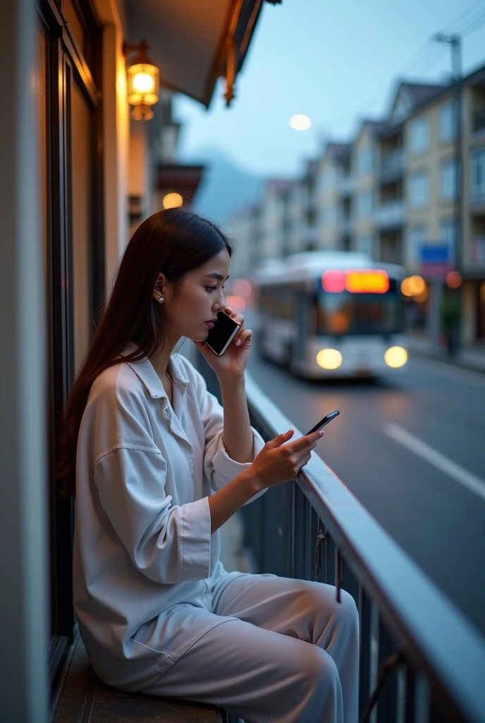 A picture of full image of girl who wearing a night suit who is taking a phone and taking to her boyfriend and seeing on the road and sa bus cross her house she was sitting on his balkani clear photo of jus