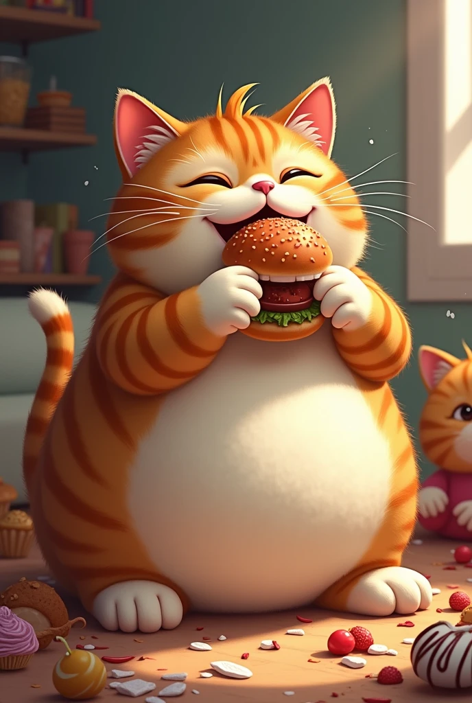 Show me a cat who loves to eat make him fat