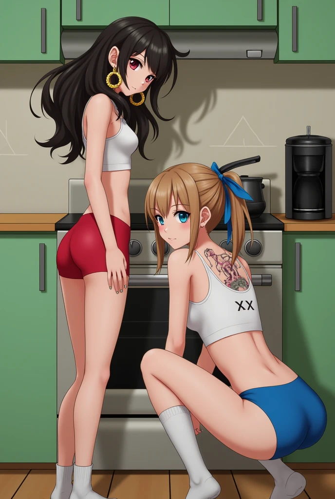 In the image, Two girls are seen in a kitchen. The girl on the left is standing next to the stove, with one hand resting on the oven lid. She is wearing a short T-shirt that reveals part of her abdomen and red panties.. He has dark hair, long and loose, and she is wearing big gold hoops as earrings.
The girl on the right is squatting in front of the oven, Looking towards the camera. She is wearing a white crop top, revealing his back tattooed with Chinese or Japanese characters and the number "XX on top. She also wears blue panties and long white socks.. She has light brown hair tied back in a ponytail with a blue ribbon..
Both girls are in a kitchen with green cabinets and a white stove. The background includes a black coffee maker, a pot on the stove, and a geometric design on the wall behind them.