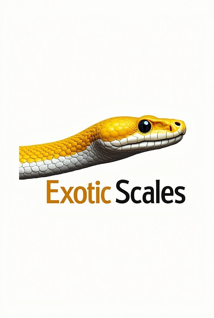 Create a white background logo for a snake farm using the face of a yellow and white python with the basic elements of a python's face looking out to the horizon, The logo must have bright colors and an allusion to Freemasonry. The python snake must be characteristic and below the logo put the name. " Exotic scales" Maintain symmetry and variation of elements