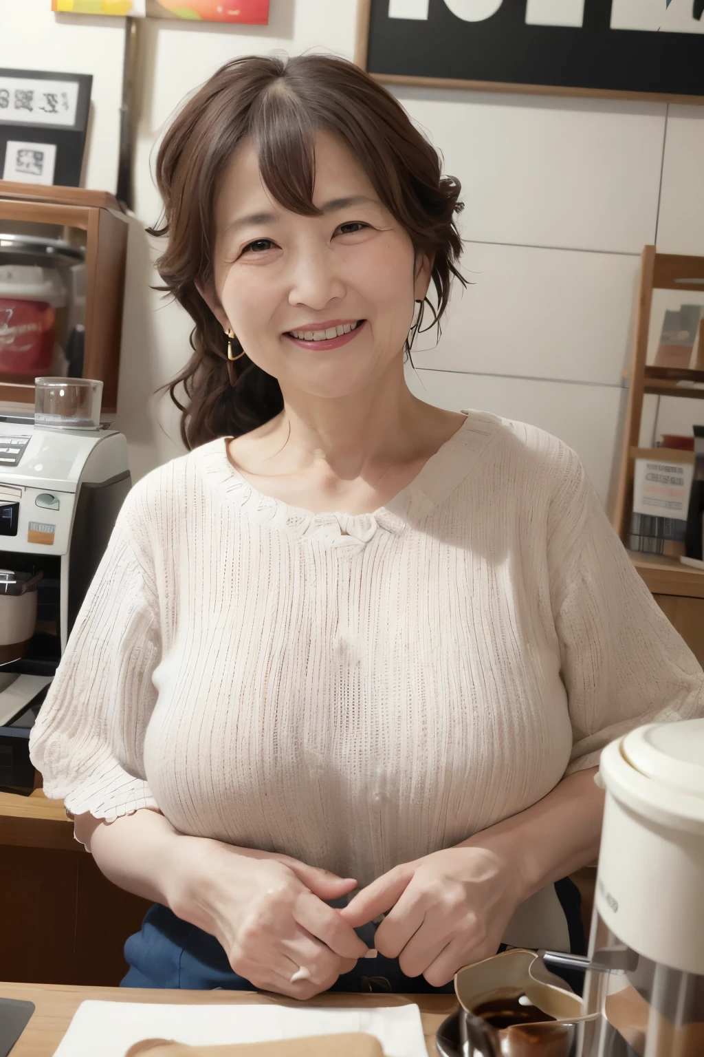 Osaka's aunt、Organic Photography、Highest quality、masterpiece、Ultra-high resolution、Beautiful Japanese old lady、60 years old、Looking at the audience、Elegant face、Smiling with teeth showing、Big Breasts、Wearing a plain short-sleeved knit、Wavy Hair、mini skirt、Earrings、A corner of a coffee shop, Background Blur