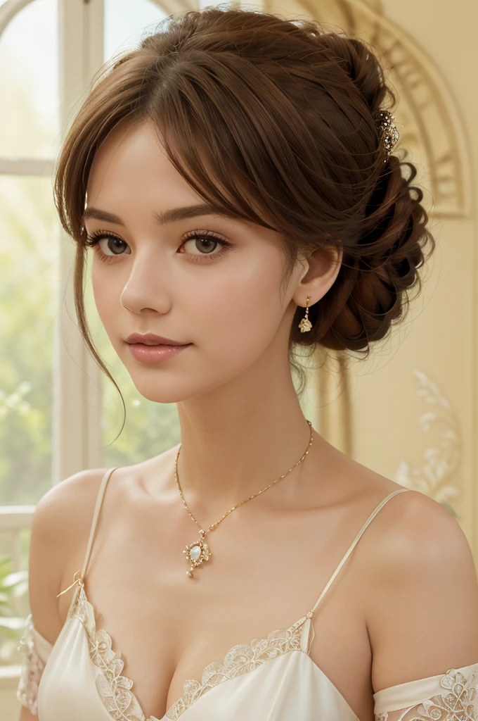 A hyper-realistic portrait of an elegant lady, large breasts, with brown hair styled in an updo, wearing a delicate sheer white lace dress with intricate patterns. The background features an ornate, vintage-style room with large windows that let in soft, natural light. The overall atmosphere is serene and sophisticated, capturing a moment of quiet grace and beauty, she is wearing a golden diamond necklace