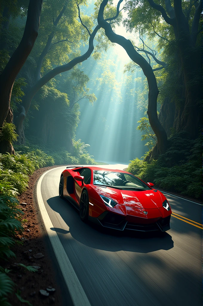 In eed red car in road having jungle horror view