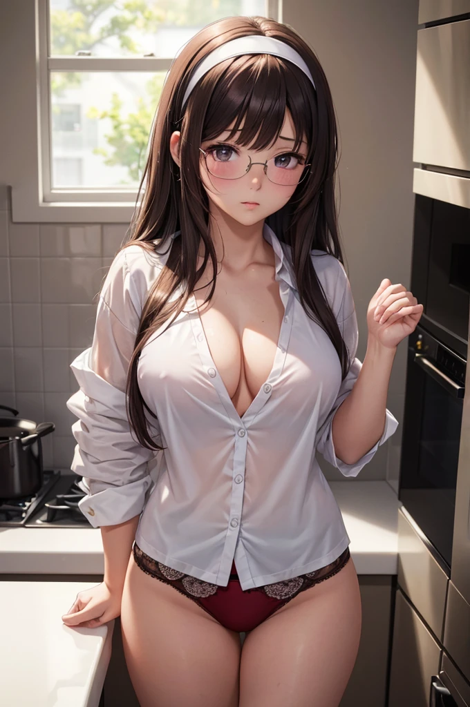 A beautiful girl in a white oversized shirt posing for the photo in the kitchen, anime girl, well-furnished kitchen, morning light, anime CG, big rounds breasts, open shirt, red lace panties, dark brown hair, long bangs, long hair, messy hair, wavy hair, expressive hair, shiny hair, eyewear on head, hairband, embarrassed, shy, blush, glossy lips, nervous, facing another, facing another, confused, high detail, anime, anime style, depth of field, perfect pixel, good lighting, cinematic lighting, dithering, image fill, first-person view, wide shot, perspective, panorama, Wide-Angle, f/1.8, 85mm, Nikon, 8k, super detail, UHD, retina, masterpiece, accurate, anatomically correct, textured skin, high details, best quality, highres, 16k