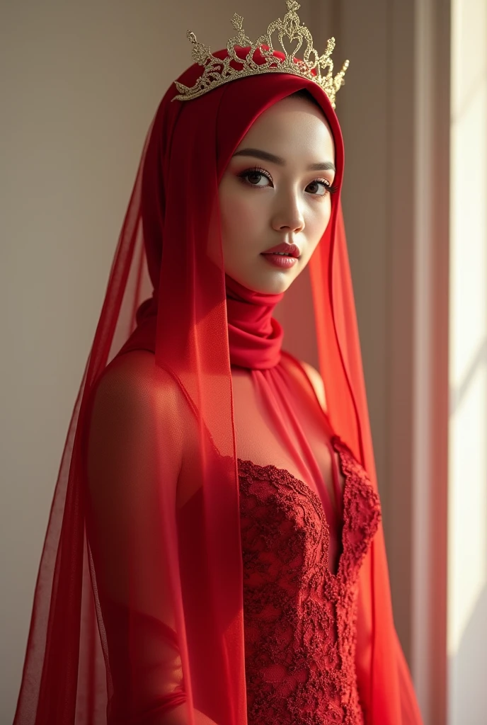 High quality masterpieces, a woman wearing a minimalist red lace hijab, a minimalist red lace wedding dress, a minimalist real gold crown, posing with a gorgeous expression, (best quality,4k,8k,highres,masterpiece:1.2),ultra-detailed,(realistic,photorealistic,photo-realistic:1.37),highly detailed face, beautiful detailed eyes, beautiful detailed lips, extremely detailed eyes and face, long eyelashes, intricate details, tight dress, large breasts, minimalist design, elegant, romantic, soft lighting,white balance color tones. Hijab covered breast. Long veil red.