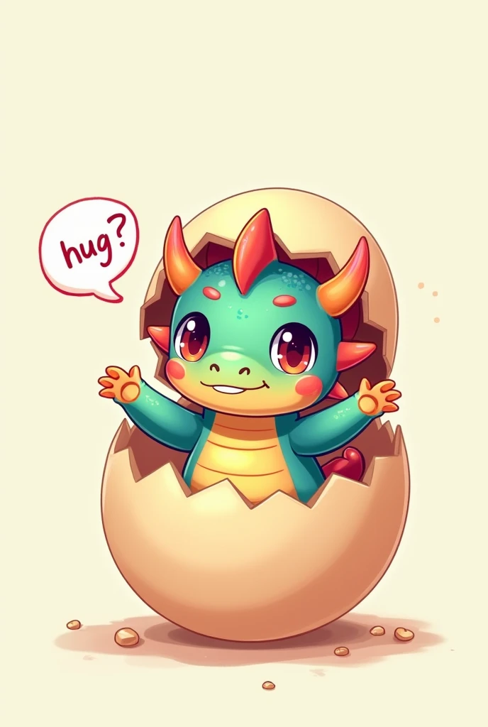  The picture captures the moment when a chibi dragon hatches from an egg, the head looks out of the top of the egg, the shell is on his head, the dragon looks super cute at the viewer, above him is a speech bubble with the inscription "hug ?", cuteness overload, its scales have rainbow colors, the dragon stretches its arms out to the viewer
