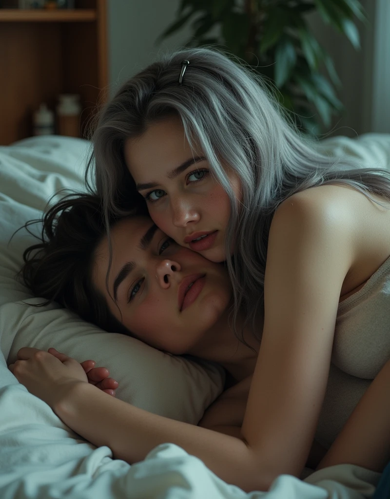a naked teenager girl cuddling with an emo teenager guy in bed, space, space ship, futuristic, bed, bedroom, cuddling, hugging