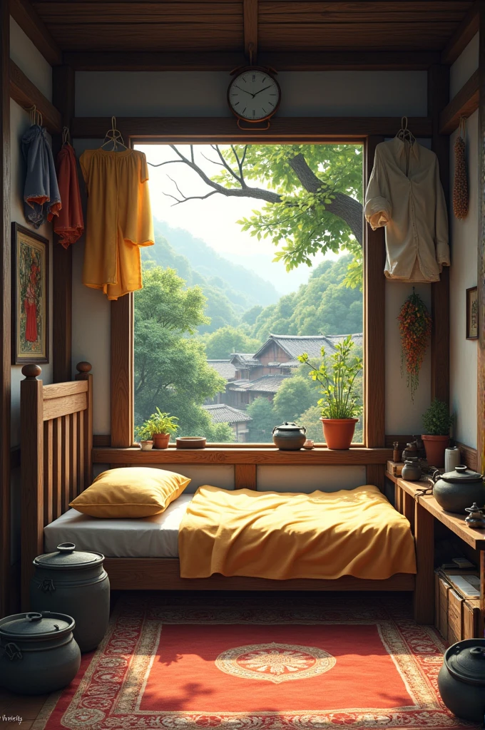 shows a simple room with a traditional bed (charpai), a window with a view of trees and houses outside, some clothes hanging on a rack, and a few other items like pots and utensils. The setting appears to be a typical rural or village home.