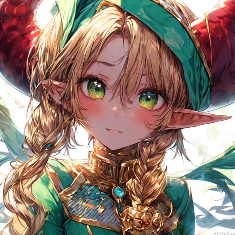 Beautiful elf lolka with two small horns, long golden hair, and green eyes, medium breasted, and UHD staff, textured skin, super detail, high details, high quality,
