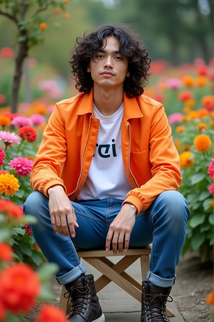 Photography of a 20 year old Asian guy with long curly hair wearing an orange jacket, a white t-shirt with REI written on it, jeans, boots, sitting on a chair with a colorful flower garden background