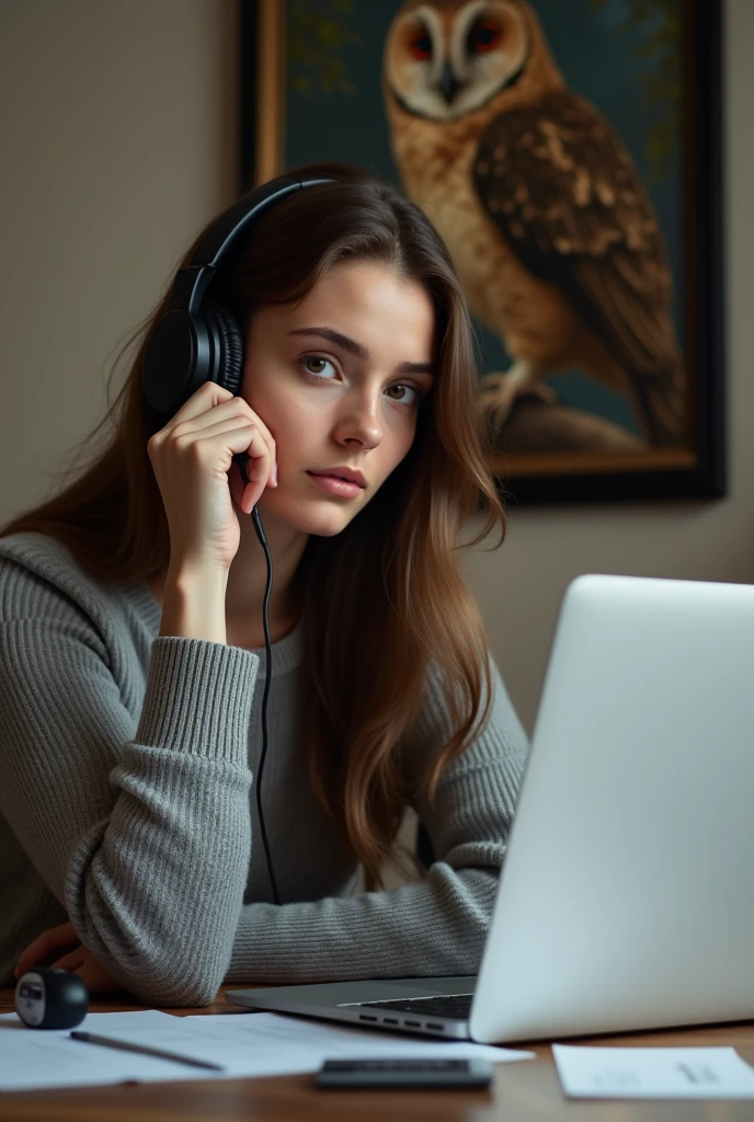 Caucasian woman; black hair, wavy hair, long hair, hair parted in the middle; blue eyes, ((lined eyes)), ((highlight blue eyes)), bright eyes; ((red lipstick)), makeup; smile, athletic body, (medium breasts), ((nipples)), (legs); (((Low-cut sweater))), ((blue sweater)), ((Sports panties)), earrings, necklace, bracelets; high quality, artistic shot, light highlights body; in house, ((sitting in a chair at the table with the computer)), ((looking at the computer)), ((headphones in front of a large window)), side view, shot from behind.