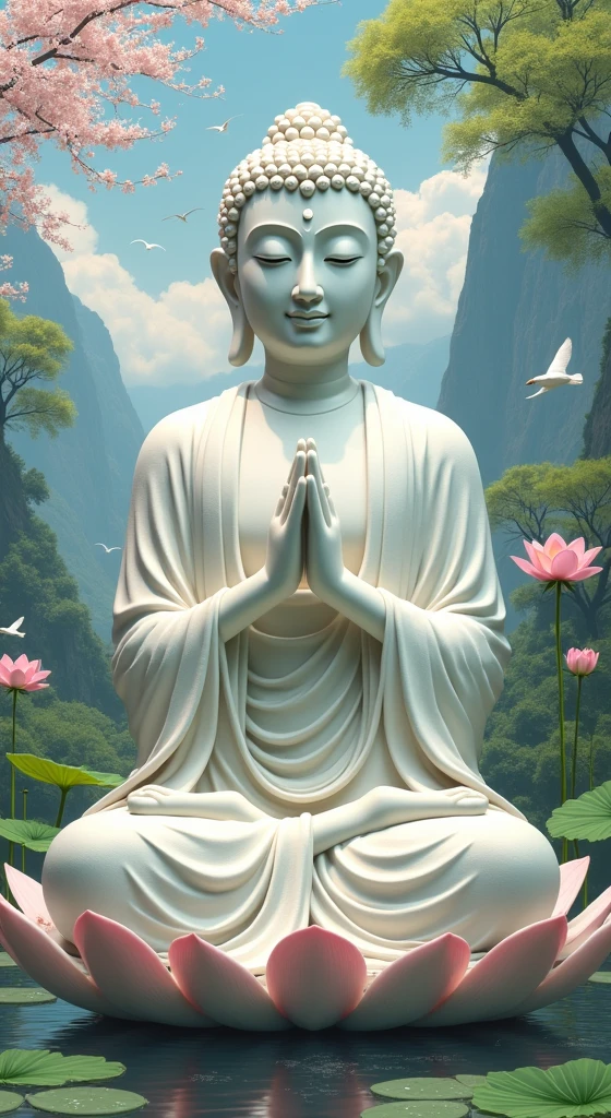 (Masterpiece),(Best quality),(Ultra-detailed), (Body:1.2), 1 Buddha statue, floating in a powerful zen state, with lotus flowers, White skin, Amitayus, sitting on a lotus flower, Chant the Buddha's name with both hands, temples, wearing an outfit, White skin, face round, kind, gentle, look, Mountains, green trees, Cherry blossoms, forest, Birds, Clouds, dew, En plein air, Bright, fresh, Green, White skin, (Beautiful detailed face), (Eyes closed), (surrealism),