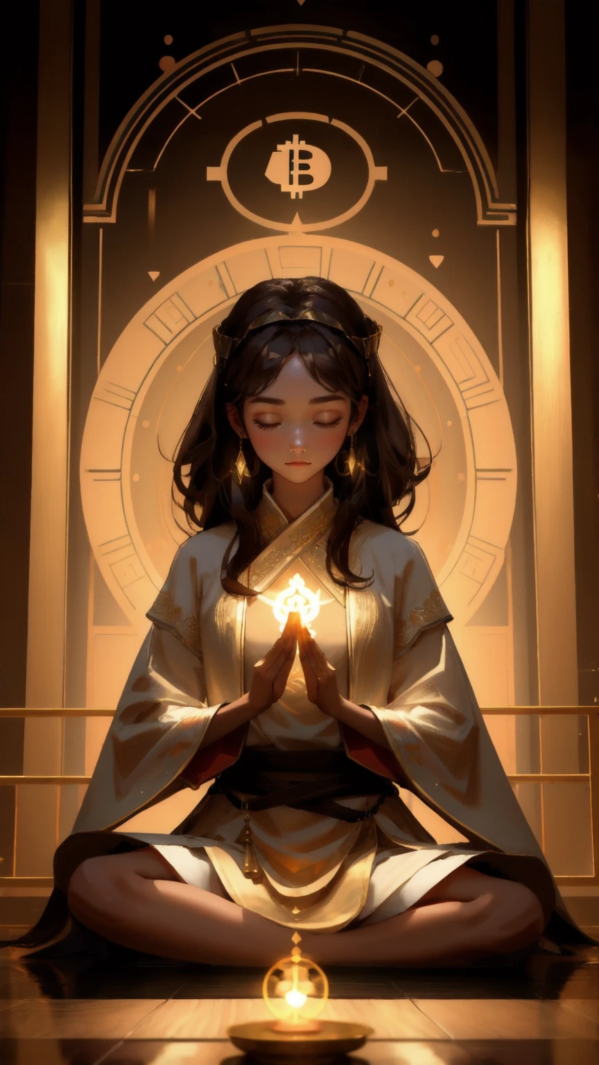 A focused young woman, seated in a meditation pose, surrounded by cryptocurrency charts and glowing altcoins floating around her in a brown-toned room. The background is rich brown, giving a warm, serene ambiance as she practices 'Altcoin Alchemy,' with her hands emitting a subtle golden glow. The scene combines the calmness of meditation with the intense world of crypto trading, blending ancient wisdom with modern technology.