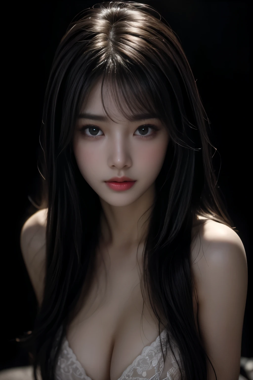 masterpiece, best qualitiy, RAW photos, realisticlying, A high resolution, hyper-detailing, Focus on the face, looking at viewer, Detailed eyebrows, realistic beautiful eyes, realistic glossy skin, straight Bangs, realistic movie lighting, detail shaded, high contrast, Slender, big boob, Exposed cleavage, open mouse, nsfw, Sexy face, Facial expressions when receiving pleasure, ((Dark background))