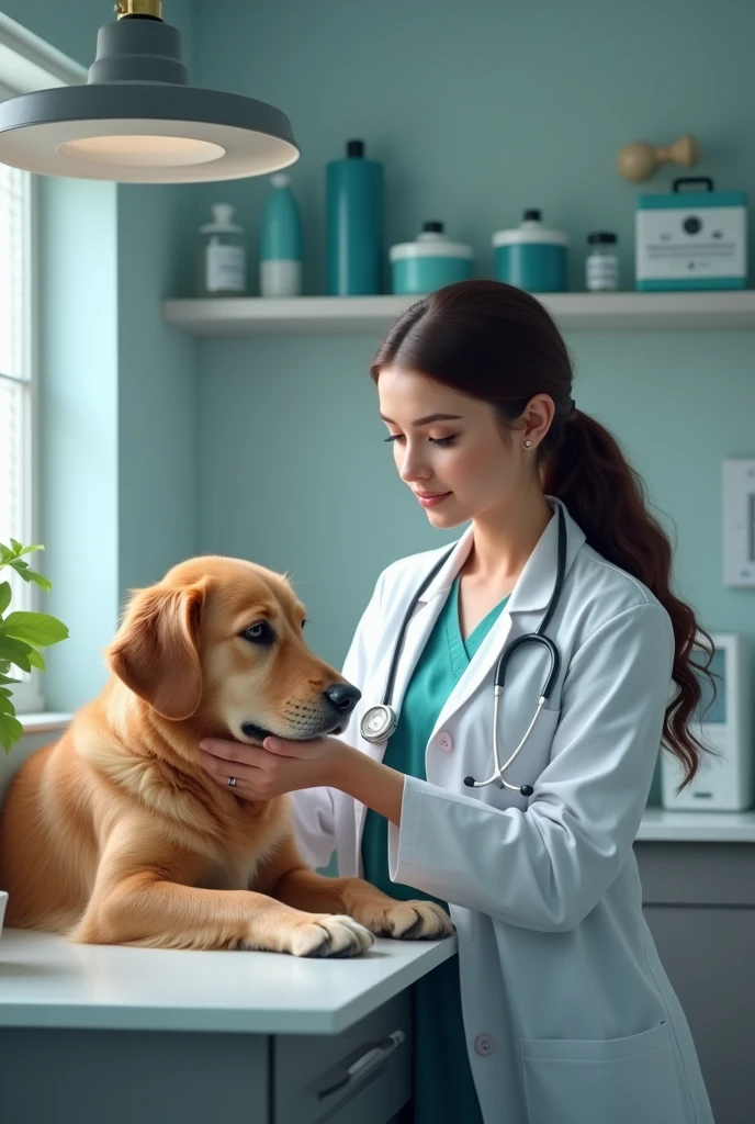 a girl almost  as a veterian with a dog
