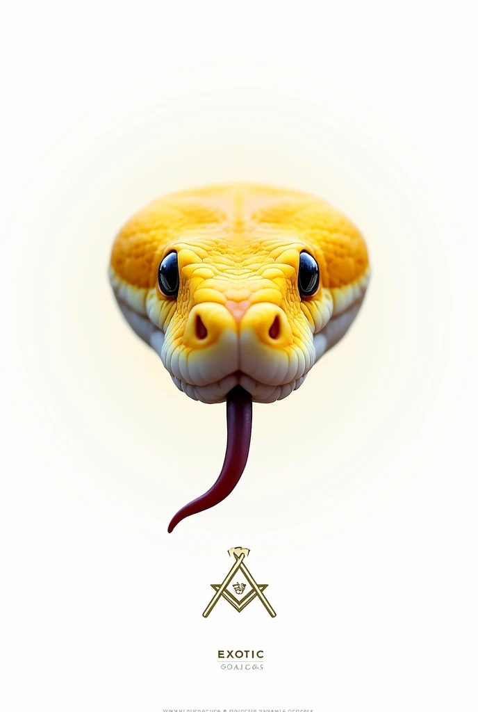 Create a white background logo for a snake farm using the face of a yellow and white python with the basic elements of a python's face looking out to the horizon, The logo must have bright colors and an allusion to Freemasonry. The python snake must be characteristic and below the logo put the name. " Exotic scales"