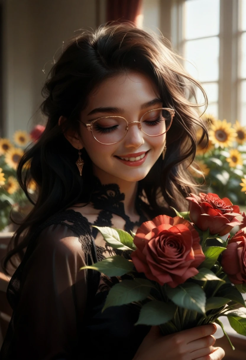 Beautiful with glasses, long black hair, bouquet of sunflower and red roses, bright colors, smiling, 8k quality, cinematic focus, closed eyes