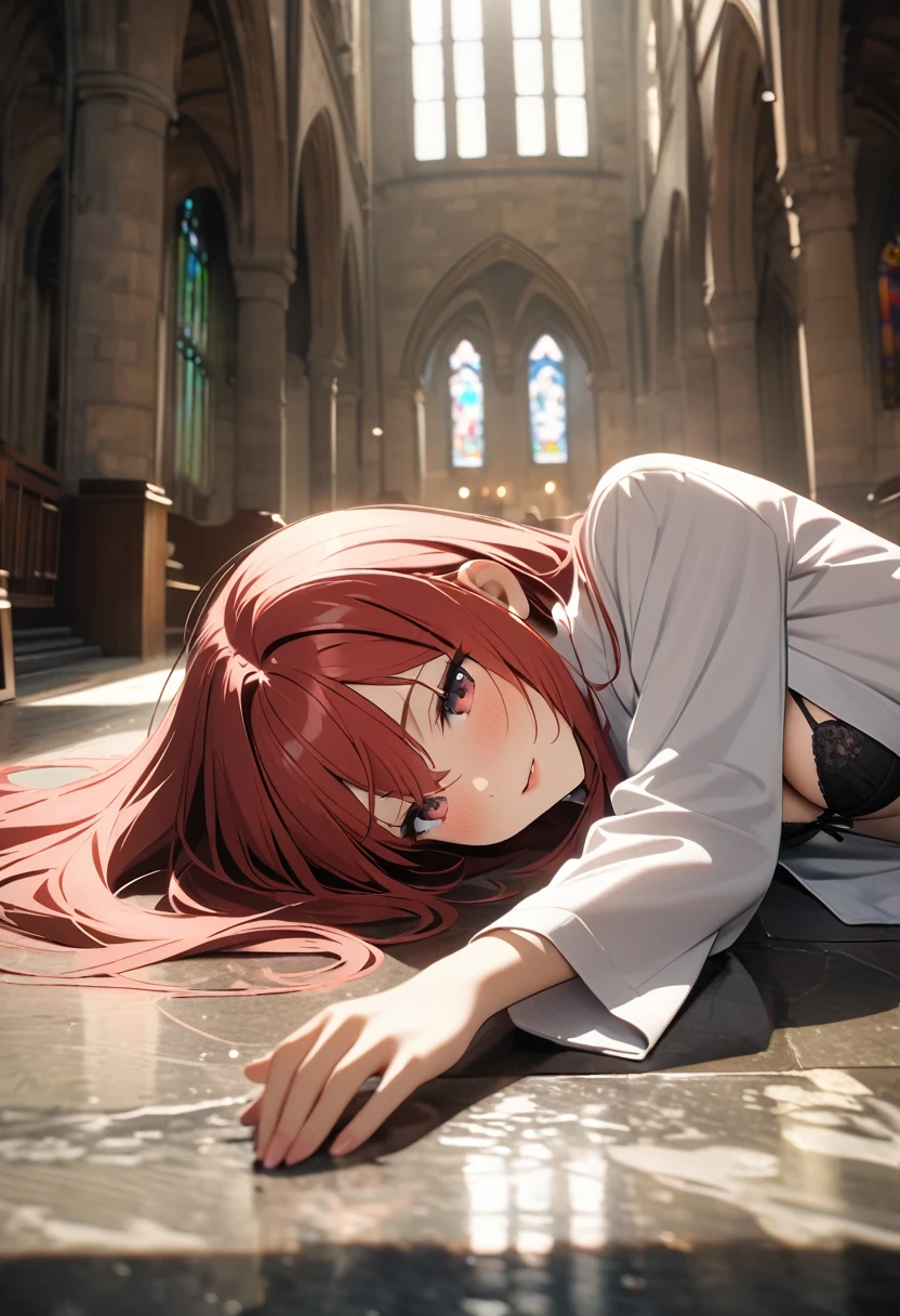 (Highest quality、4K、8k、High resolution、masterpiece:1.2)、Very detailed、Picturesque、Animated Photography、Photo Animation:1.37)、ancient church, stained glass、nun、crossed bangs、Japanese women、light leaks, open clothes, black bra panties, show off bra and panties, lying on floor、red hair、long hair、stars ornament、Nakano May